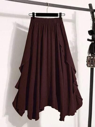 Linhara Plus Size Women Solid Color Elastic Waist Asymmetric Hem Casual Midi Skirt