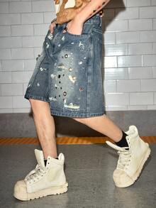 ROMWE MEN Grunge Punk Pantalones cortos de mezclilla con cinturón, con ojales y rotos para hombre - Azul - Ver 1