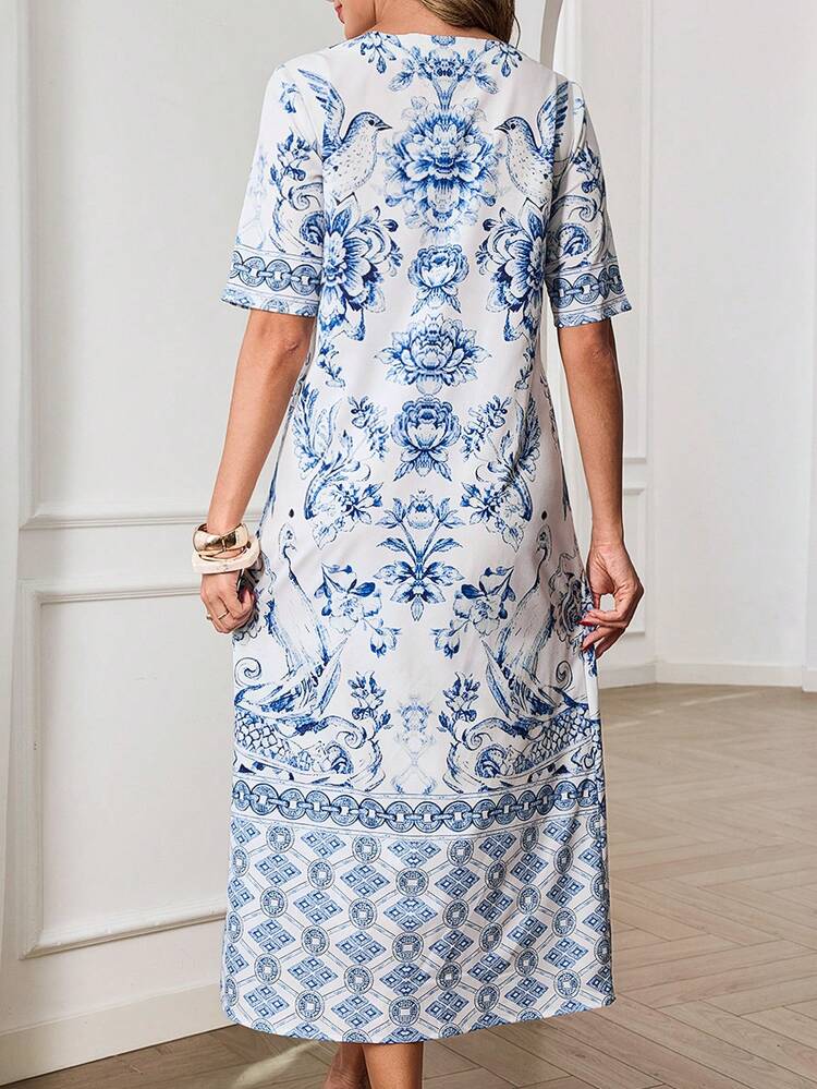 This Women's Vacation Dress Features A Pure White Base With Blue-And-White Porcelain-Style Floral Patterns, Exuding An Elegant Chinese Ambiance. The Floral Design Combines Layered Peony Blossoms With Geometric Patterns, Showcasing Exquisite Details And A Refined Eastern Aesthetic. The Silhouette Features A Small V-Neck, Mid-Length Sleeves, And A Loose, Straight-Cut Long Skirt. The Draping, Breathable Fabric Is Versatile And Suitable For Various Occasions, Offering A Relaxed And Comfortable Feel.Perfect For Summer, This Dress Is Ideal For Beach Vacations, Traditional Chinese-Themed Events, Or City Strolls. The Blue-And-White Porcelain Print Conveys An Elegant Style While The Relaxed Fit Ensures Comfort, Making It A Versatile And Stylish Choice For Your Summer Wardrobe. ,Summer Dress,Spring Dresses For Women