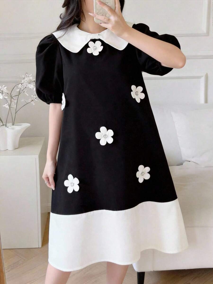 SHEIN Gaun Remaja Perempuan Longgar Lengan Mengembang dengan Kerah Pita, Desain Blok Warna, Kasual & Manis, Musim Semi/Panas - Hitam dan Putih - View 1