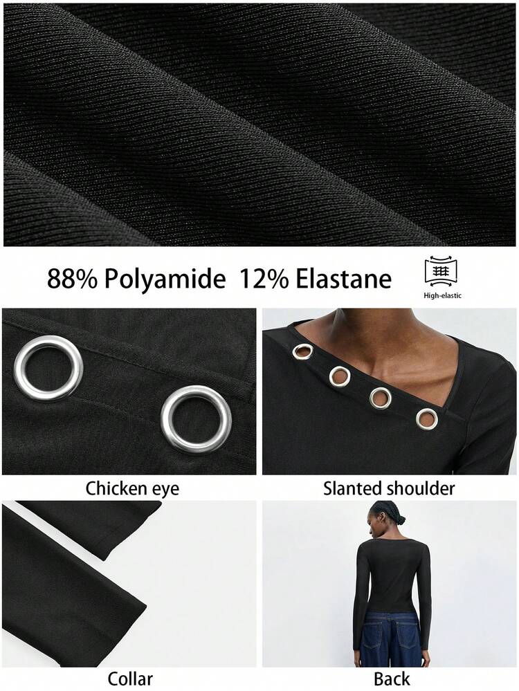 SHEIN Maija Casual Black Long Sleeve T-Shirt For Women Featuring Stylish Grommets And High Stretch Material
