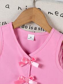 Elladie kids 新款女童4-7岁春夏无袖背心套装，前襟纽扣，蝴蝶结装饰，搭配阔腿裤，时尚休闲连衣裙套装，适合4-7岁女童日常休闲、度假、上学、户外运动等场合。 - 粉色 - 查看 4