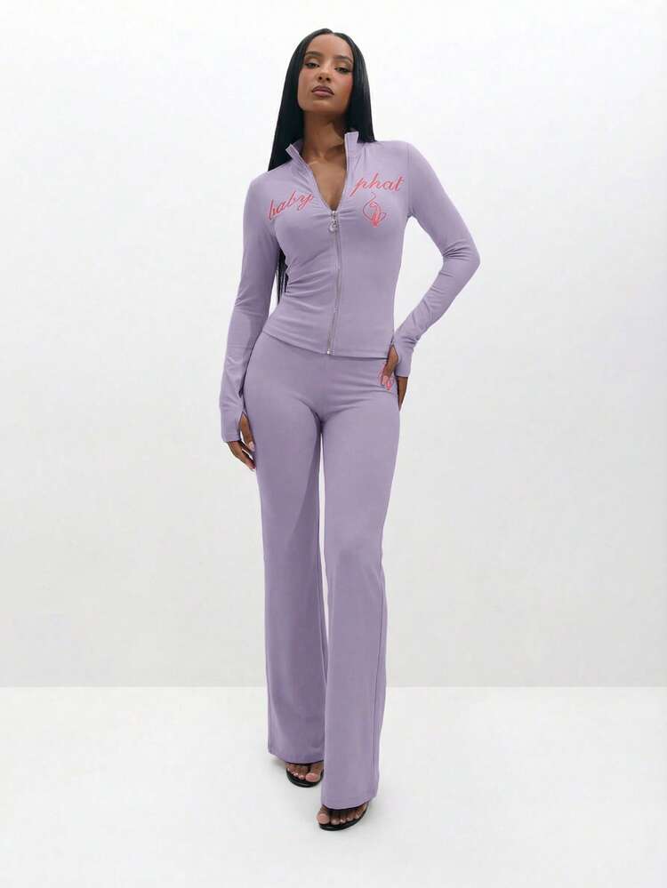 BABYPHAT Zip Up Long Sleeve Top With Pink Text Print And Fitted Design For Casual Everyday Wear