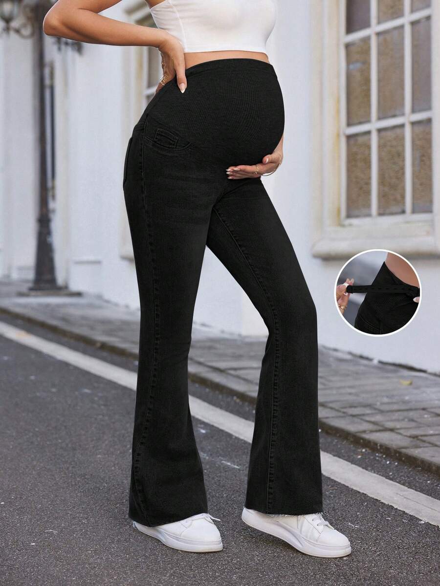 SHEIN 孕妇款弹力腰修身喇叭牛仔裤，蓝色，夏季波西米亚风薄款牛仔喇叭裤 - 黑色 - 查看 1