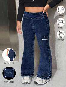 SHEIN Jeans acampanados de cintura alta elástica azules para niña - Azul lavado oscuro - Ver 1