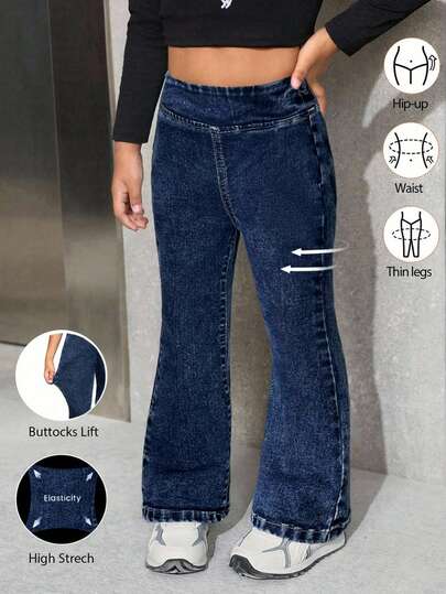 SHEIN Jeans acampanados de cintura alta elástica azules para niña