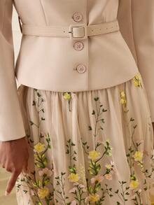 Lilora Conjunto de 2 piezas de mujer con chaqueta de manga larga de cuello redondo, abotonada al frente y con cinturón, en unicolor elegante para uso diario, y falda bordada con flores - Albaricoque - Ver 9