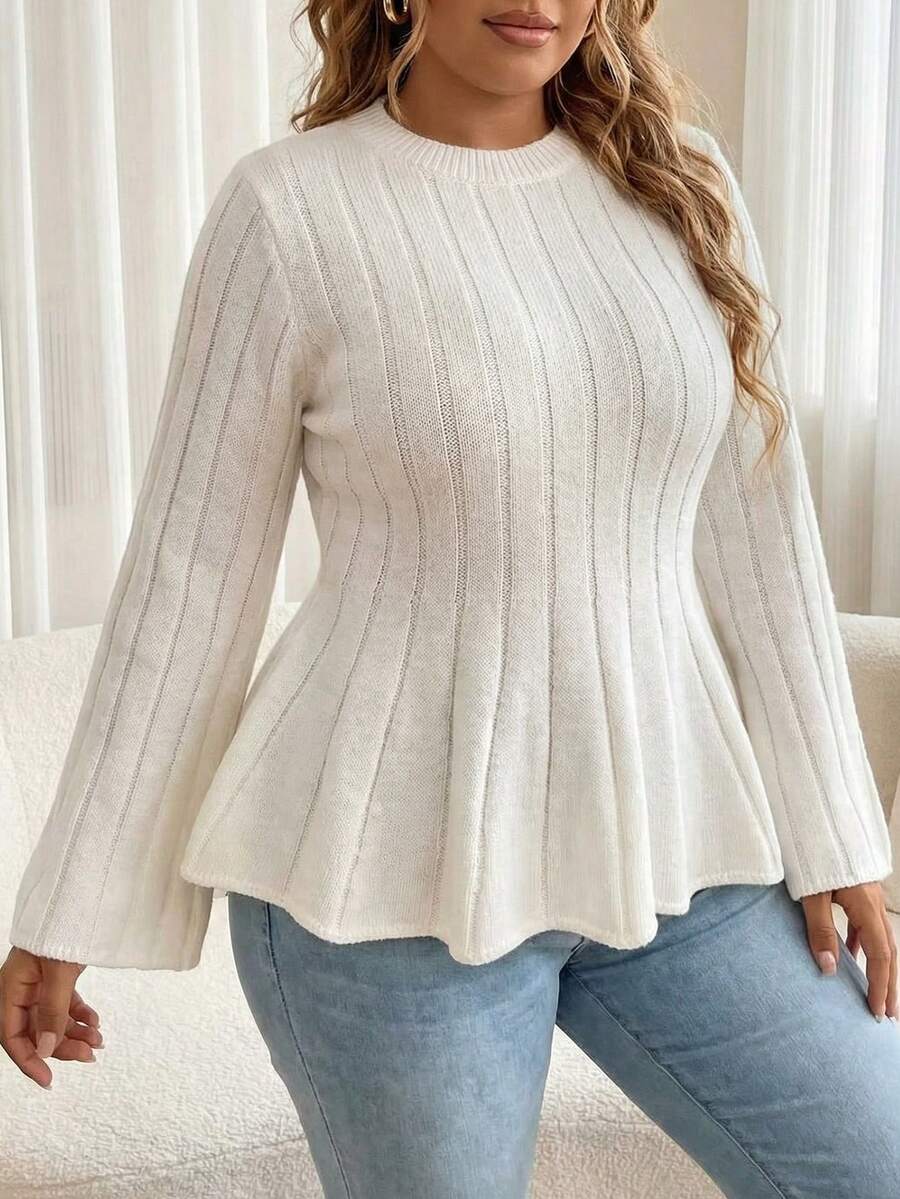 Elenzga Pulover mărime mare, guler rotund, siluetă linie A, tricotaj gros, top culoare uni, toamnă/iarnă - alb - Vizualizare 1