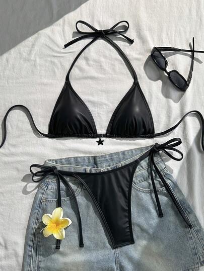 Swim SXY Schwarzes Leder Stern Anhänger Sexy Retro Lässig Strand Urlaub Damen Bademode Top