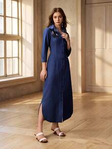 Selenza 女士花卉刺绣七分袖单排扣优雅牛仔连衣裙 - 藍色 - 查看 5