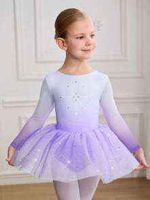 SHEIN Áo liền quần in họa tiết đính đá cho bé gái, váy múa ba lê bằng vải tuyn dành cho học sinh, các cuộc thi trong khuôn viên trường, bộ đồ liền thân nhảy múa dễ thương đính sequin bồng bềnh. - Màu tím hoa cà - Xem 4