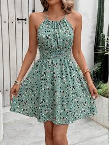 Breezaya Allover Print Cinched Waist Halter Neck Vacation Casual Dress - Cadet Blue - View 3