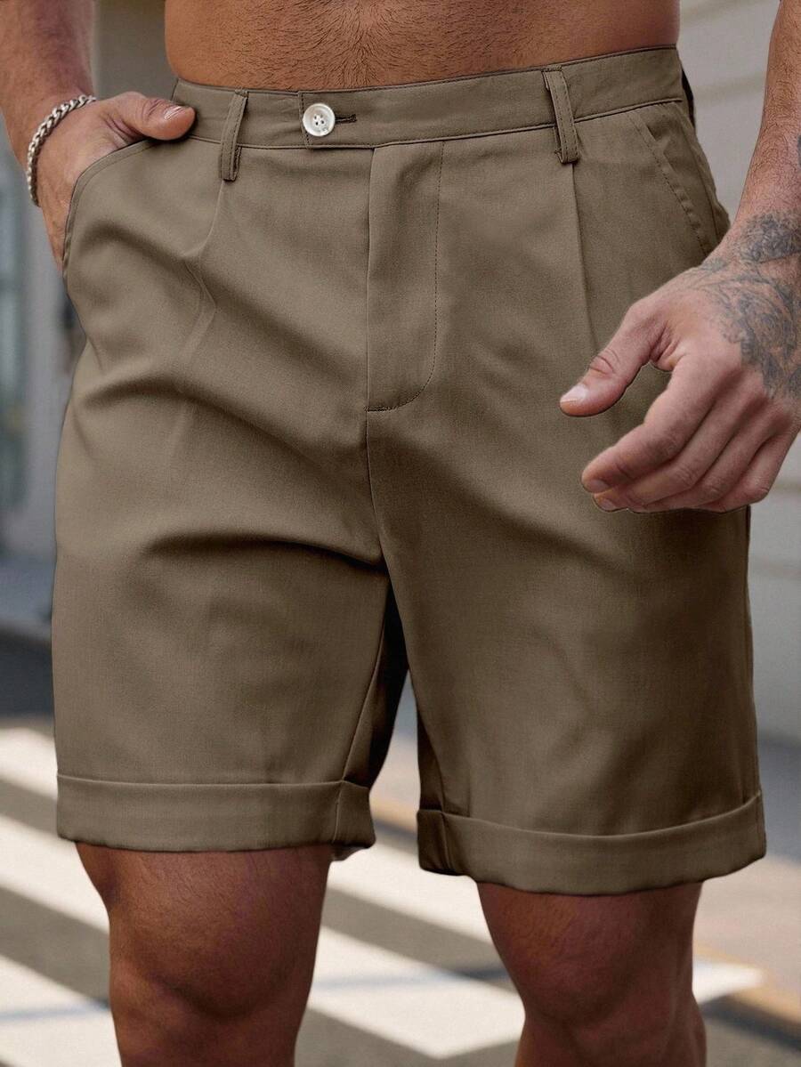 Manfinity CasualCool Pantalones cortos casuales de unicolor con dobladillo enrollado y bolsillo en diagonal para hombres de talla grande, para verano - Caqui - Ver 1