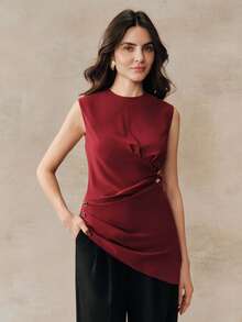 2026 Top sin mangas de mujer con cuello redondo y bajo asimétrico, de estilo casual en color rojo vino vintage - Burdeos - Ver 7