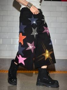 ROMWE MEN Grunge Punk 男士水钻星星装饰彩色牛仔短裤 - 黑色 - 查看 4