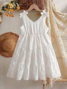 SHEIN Vintaside Kids 女童蕾丝边蝴蝶结吊带度假连衣裙，白色 - 白色 - 查看 3