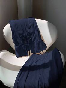 Comfortcana Bộ đồ thường ngày không tay màu xanh hải quân, chất liệu dệt kim, thắt nơ phía trước, dành cho nữ. - Màu xanh hải quân - Xem 4