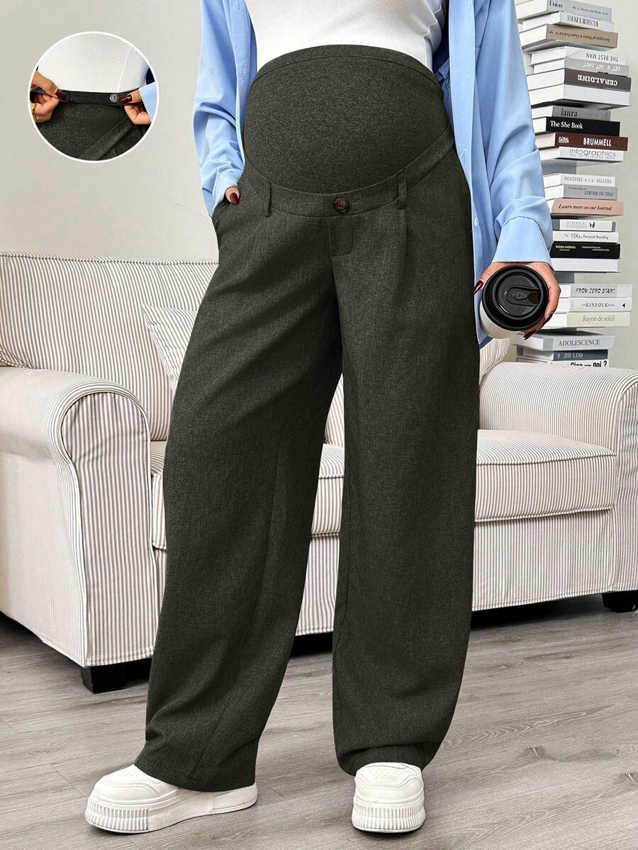 SHEIN 孕妇纯色高腰斜插口袋休闲百搭阔腿裤 - 橄欖綠 - 查看 1