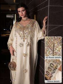 Al Najma Đầm cánh dơi cổ chữ V đính cườm, ren hoa sang trọng, thanh lịch, thích hợp cho mùa xuân/hè. - Rượu sâm banh - Xem 6