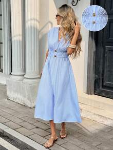 Serisse 女士V领条纹印花休闲度假中长连衣裙 - 藍白色 - 查看 1