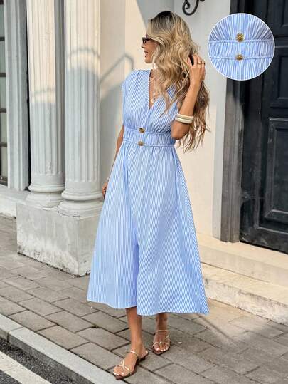 Serisse Women's V-Neck Striped Print Casual Vacation Mid-Length Dress Summer Holiday Resort, Light Blue Summer Dress,French-Style Fresh Blue And White Vertical Striped V-Neck Elastic Waistband Dress, Slimming High-Waist Tummy-Covering Design, Summer Elegant Mid-Length Dress, Casual Midi Dress,Holiday Dress,Women Vacation Dress,Elegant Summer Resort Dress,Summer Holiday Outfits,Beach Dress