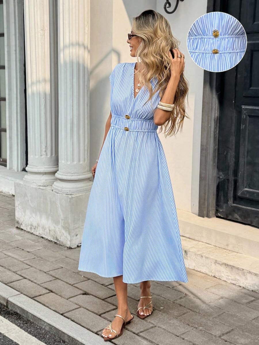Serisse 女士V领条纹印花休闲度假中长连衣裙 - 藍白色 - 查看 1