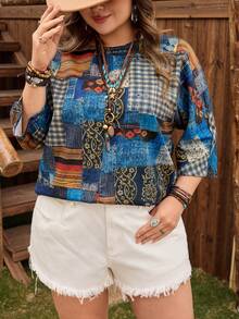 EMERY ROSE Plus Size Women Summer Casual Denim Blouse - Multicolor - View 1