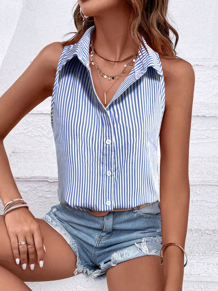 Chiquease 休闲无袖条纹领衬衫 - 藍白色 - 查看 1