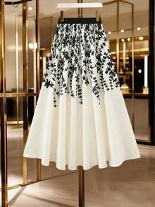 GlowEve Bộ sưu tập thời trang nữ mùa xuân/hè mới, thanh lịch, giản dị, thích hợp mặc ngoài trời, chân váy chữ A in hoa tối giản, lý tưởng cho công sở. - Đen và trắng - Xem 3