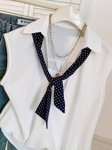 Lyxana Polka Dot Print Tie Collar Sleeveless Splicing Asymmetrical Hem Ruched Loose Women Shirt - White - View 9