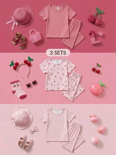 SHEIN 3 Sets Toddler Girls Cute Casual Pink Cherry Print Polka Dot Solid Color Ribbed Texture Short Sleeve Round Neck T-Shirt Tops And Long Pants Leggings Bottoms Soft Stretchy Two Piece Outfits Clothing Sets For Daily Home Playwear Spring Summer