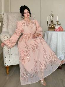 DAZY 女士V领长袖收腰纹理面料亮片装饰优雅连衣裙 - 粉色 - 查看 3