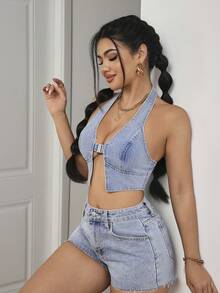 SHEIN PETITE 女士 Y2K 前扣短款露脐上衣，开衩性感吊带牛仔衬衫 - 藍色 - 查看 3
