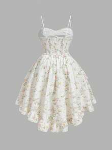 SHEIN MOD 大码女士复古碎花甜心领交叉系带荷叶边不对称下摆连衣裙，适合春夏、复古风、花园、下午茶、毕业派对、白色毕业礼服、休闲外出、约会等场合。 - 彩色 - 查看 5