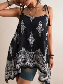 Freevana 大码波西米亚风腰果印花吊带背心，双面可穿不对称下摆宽松上衣，度假显瘦时尚吊带背心 - 黑與白 - 查看 4