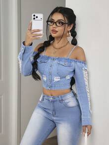 SHEIN PETITE Women's Off-Shoulder Long Sleeve Distressed Denim Short Jacket - Blue - View 3