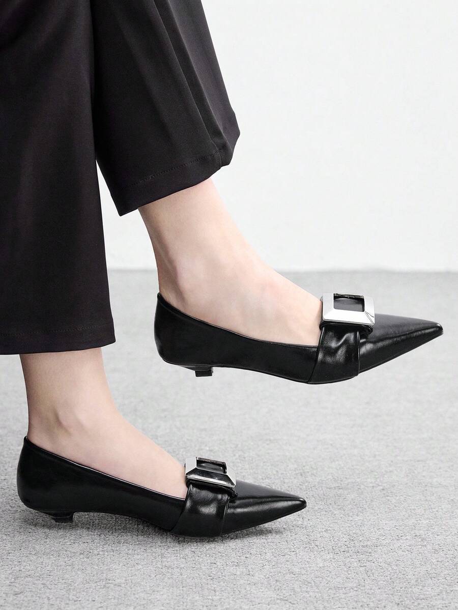 CUCCOO BIZCHIC Pointed Thick Heel Middle Heel Women's Leather Slip OnBeautiful Temperament French Low Vamp Shoes Women's New Spring And Autumn Spring Shoes - Black - View 1