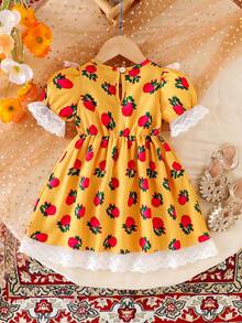 女童碎花长袖褶皱腰身彼得潘领连衣裙，中东风格，夏季时尚可爱公主裙 - 黃色 - 查看 2