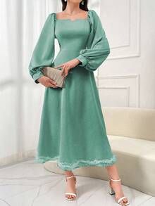 Modelyn Đầm dài tay dáng chữ A màu xanh lá cây dệt kim, thắt eo, thanh lịch, lãng mạn, điểm xuyết ngọc trai, dành cho nữ, thích hợp cho mùa xuân/hè. - màu xanh lá - Xem 5