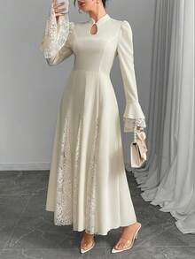 Modelyn 女士优雅混纺面料蘑菇扣腰部喇叭中长裙 - 杏色 - 查看 8