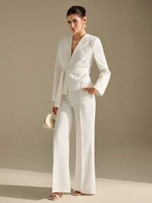 Women's V-Neck Lace Beaded Applique White Belt Wide Leg Pants Suit - White - View 2