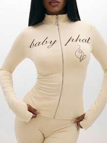 BABYPHAT Atasan Wanita Lengan Panjang dengan Resleting, Motif Teks, dan Detail Resleting - Krim - View 5