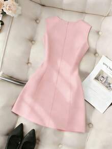SHEIN Franclia 纯色圆领修身前蝴蝶结无袖女式连衣裙 - 粉色 - 查看 2