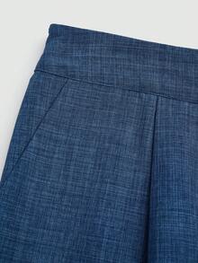 SHEIN Unity Plus Size Women's Elegant Dark Blue,Autumn,Smart Casual,Office Pants,Denim-Effect Linen Fabric,Metal Buckle Decor,High Waisted Pleated Wide Leg Design - Blue - View 8