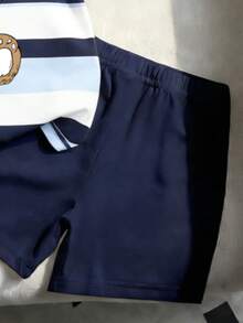 Souflis Souflis 2pcs/Set Baby Boy Casual Fashionable Cute Holiday Teddy Bear Cartoon Sunglasses Bear Print Striped Short Sleeve Top And Shorts Set, Suitable For Outings In Summer - Multicolor - View 4