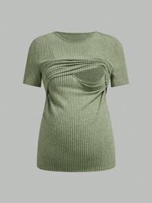 SHEIN Maternity & Nursing Casual Ribbed Crew Neck Short Sleeve Top, Summer - Green - View 13