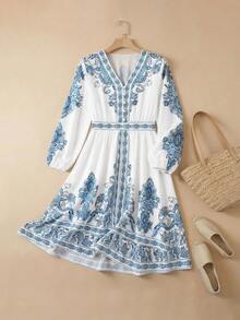 EMERY ROSE Women's Vintage Casual Long Sleeve Waist Cinched Short Dress,White And Blue Floral,Autumn,Boho,Tea Party,Holiday Lantern Sleeve Vacation Outfits - Blue and White - View 6