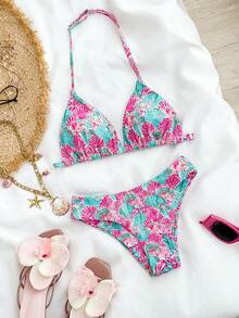 SHEIN Teen Girls Shell Print Halter Bikini Sets, Casual Vacation Beach Style - Multicolor - View 8