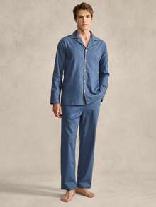 SHEIN Blue Collar Long Sleeve & Long Pants Men's Casual Pajama Set - Blue - View 4