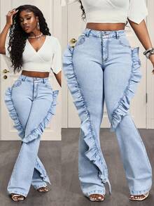 BamGleam Quần jeans ống loe nữ thời trang thường ngày, có túi, phối họa tiết, xếp ly và gấu quần. - Màu xanh lam - Xem 1